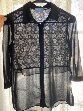 Vera Wang Black Sheer Lace 3/4 Sleeve Button Up Top Size XS